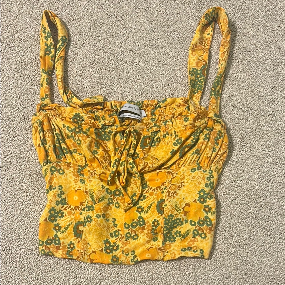 Urban Outfitters Yellow Sleeveless Crop Tank Top with Tie Front and Ruched Style